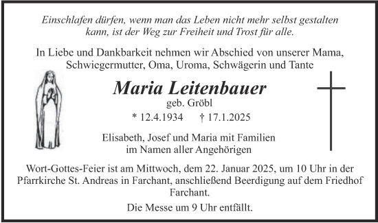 Traueranzeige von Maria Leitenbauer von merkurtz