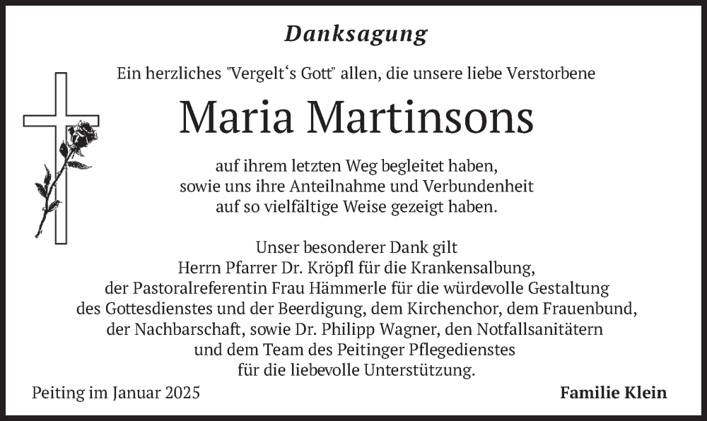  Traueranzeige für Maria Martinsons vom 18.01.2025 aus merkurtz