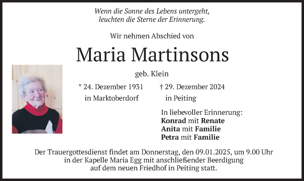  Traueranzeige für Maria Martinsons vom 04.01.2025 aus merkurtz