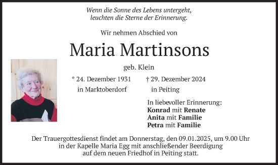 Traueranzeige von Maria Martinsons von merkurtz