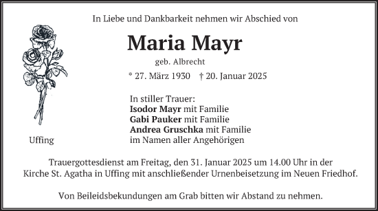 Traueranzeige von Maria Mayr von merkurtz