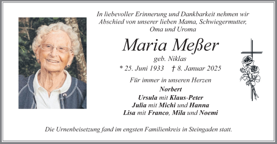 Traueranzeige von Maria Meßer von merkurtz