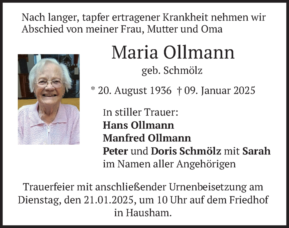  Traueranzeige für Maria Ollmann vom 18.01.2025 aus merkurtz