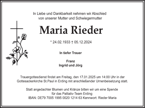 Traueranzeige von Maria Rieder von merkurtz