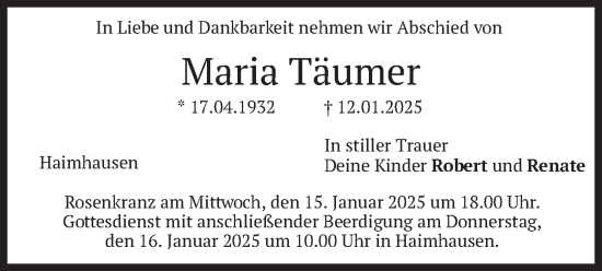 Traueranzeige von Maria Täumer von merkurtz