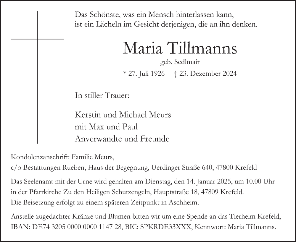  Traueranzeige für Maria Tillmanns vom 04.01.2025 aus merkurtz