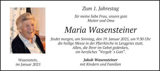 Traueranzeige von Maria Wasensteiner von merkurtz