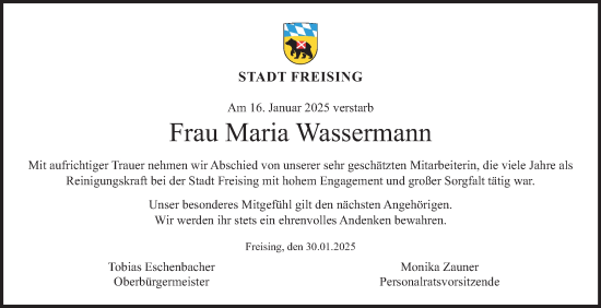 Traueranzeige von Maria Wassermann von merkurtz