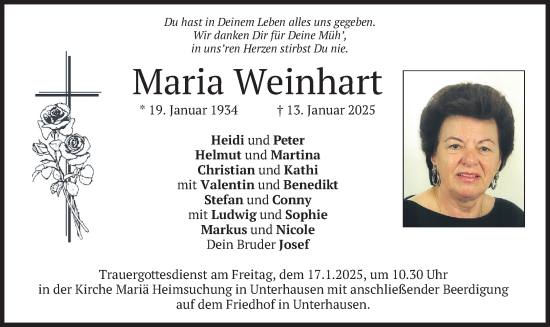 Traueranzeige von Maria Weinhart von merkurtz