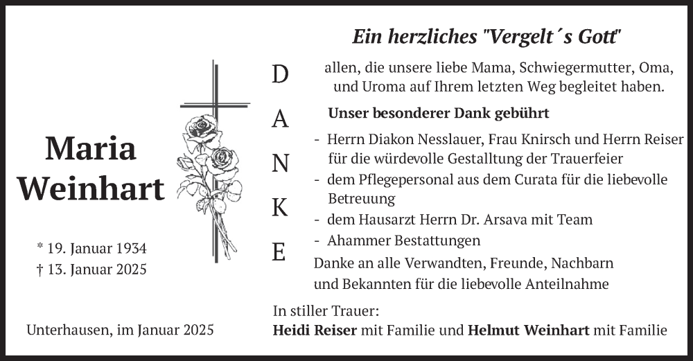  Traueranzeige für Maria Weinhart vom 25.01.2025 aus merkurtz