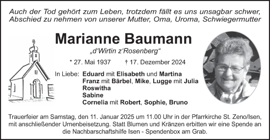 Traueranzeige von Marianne Baumann von merkurtz