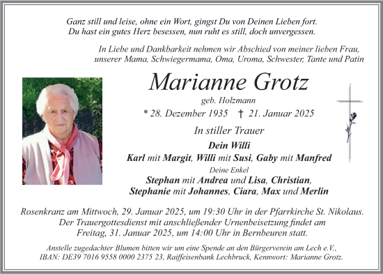 Traueranzeige von Marianne Grotz von merkurtz