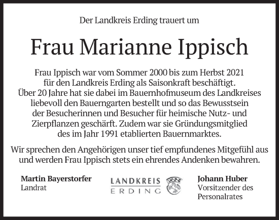 Traueranzeige von Marianne Ippisch von merkurtz