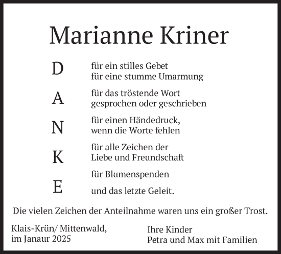Traueranzeige von Marianne Kriner von merkurtz