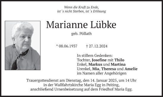 Traueranzeige von Marianne Lübke von merkurtz