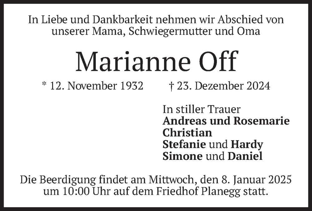  Traueranzeige für Marianne Off vom 04.01.2025 aus merkurtz