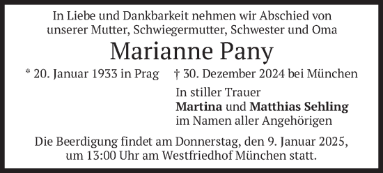 Traueranzeige von Marianne Pany von merkurtz