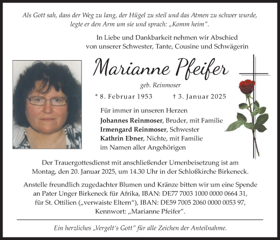 Traueranzeige von Marianne Pfeifer von merkurtz