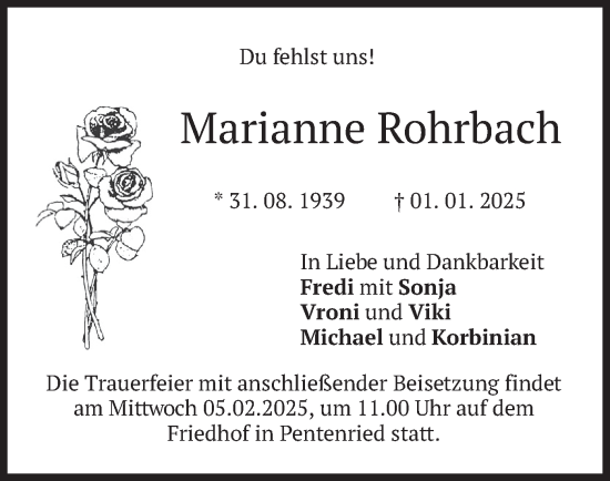 Traueranzeige von Marianne Rohrbach von merkurtz