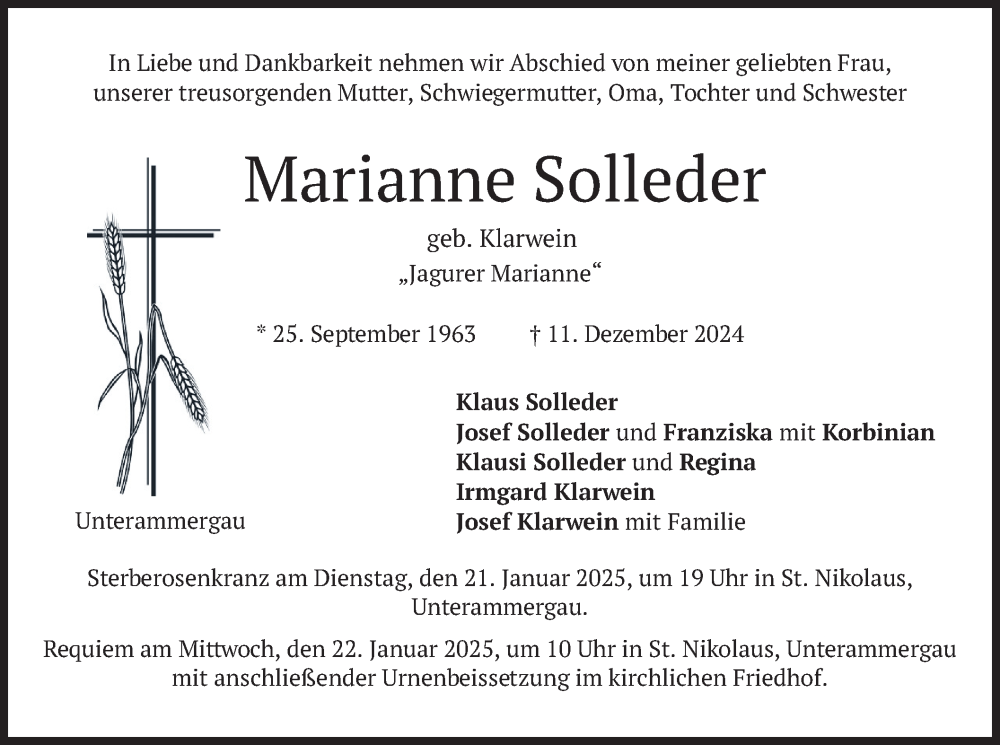  Traueranzeige für Marianne Solleder vom 18.01.2025 aus merkurtz