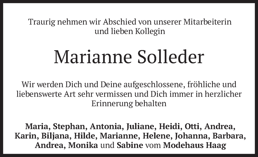  Traueranzeige für Marianne Solleder vom 18.01.2025 aus merkurtz