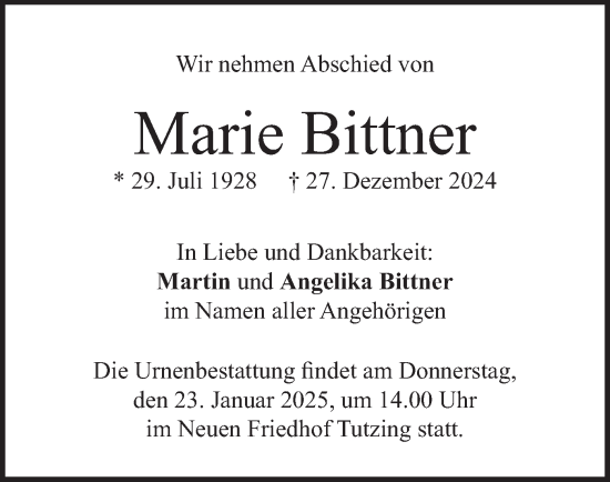 Traueranzeige von Marie Bittner von merkurtz