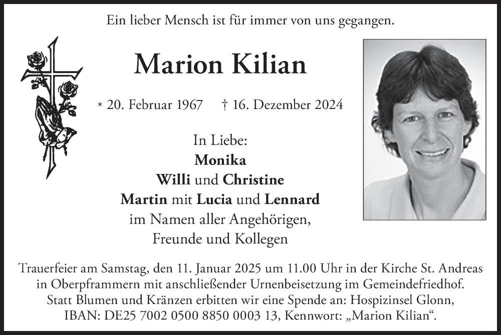  Traueranzeige für Marion Kilian vom 04.01.2025 aus merkurtz