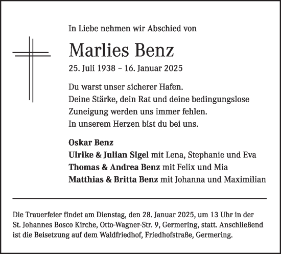 Traueranzeige von Marlies Benz von merkurtz