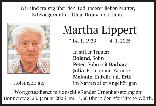 Traueranzeige von Martha Lippert von merkurtz