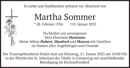 Traueranzeige von Martha Sommer von merkurtz