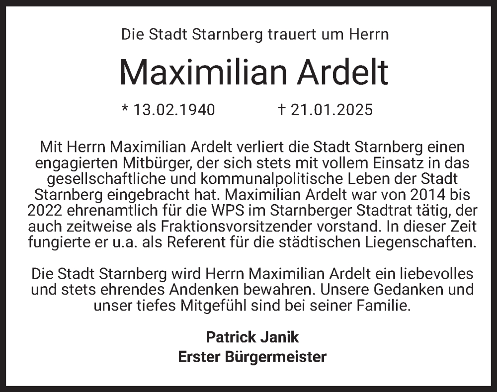  Traueranzeige für Maximilian Ardelt vom 29.01.2025 aus merkurtz