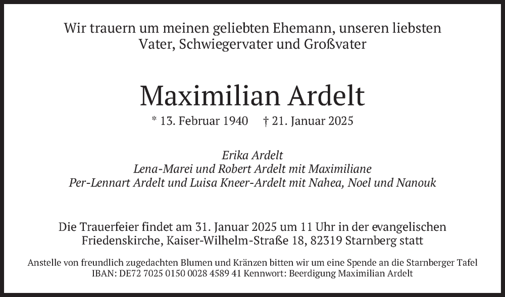  Traueranzeige für Maximilian Ardelt vom 28.01.2025 aus merkurtz