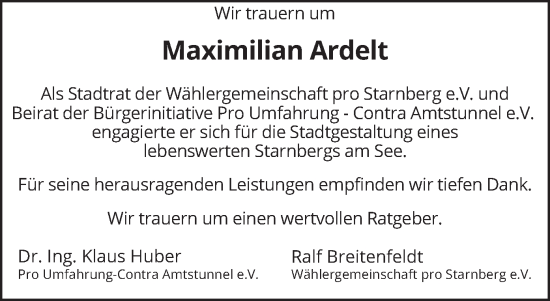 Traueranzeige von Maximilian Ardelt von merkurtz