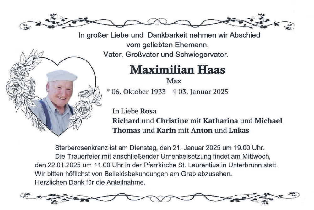  Traueranzeige für Maximilian Haas vom 17.01.2025 aus merkurtz