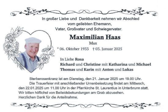 Traueranzeige von Maximilian Haas von merkurtz