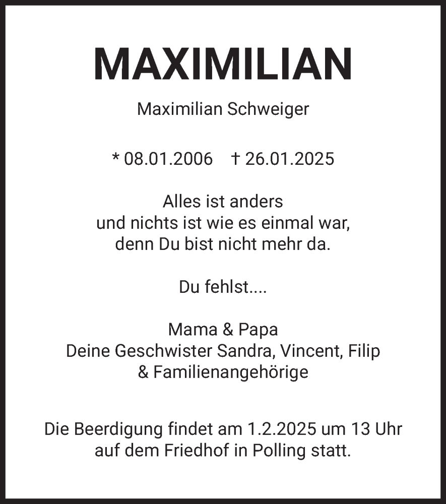  Traueranzeige für Maximilian Schweiger vom 30.01.2025 aus merkurtz