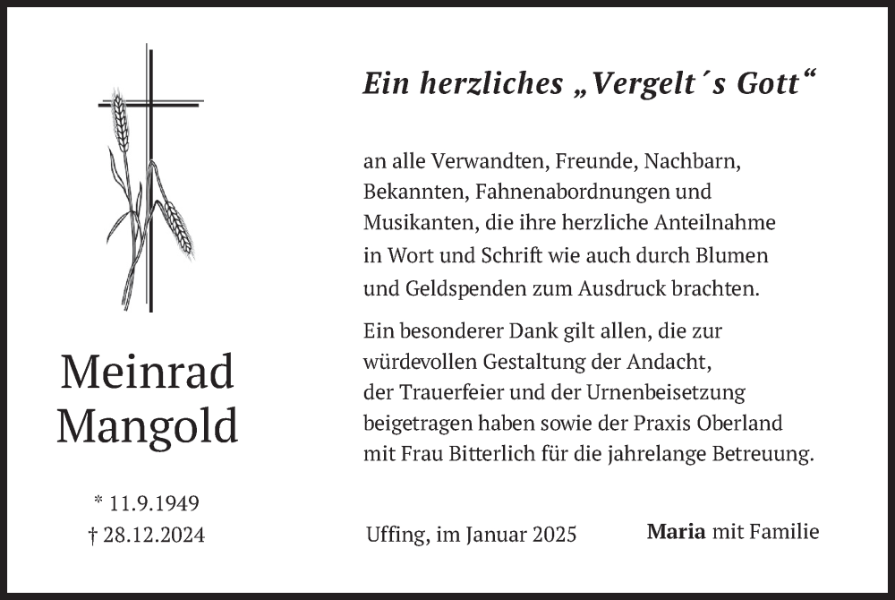  Traueranzeige für Meinrad Mangold vom 18.01.2025 aus merkurtz