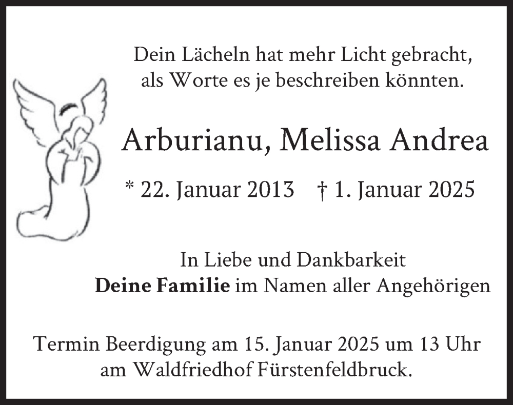  Traueranzeige für Melissa Andrea Arburianu vom 08.01.2025 aus merkurtz