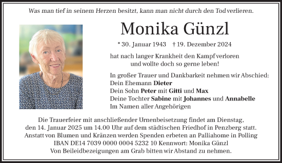 Traueranzeige von Monika Günzl von Das Gelbe Blatt Penzberg