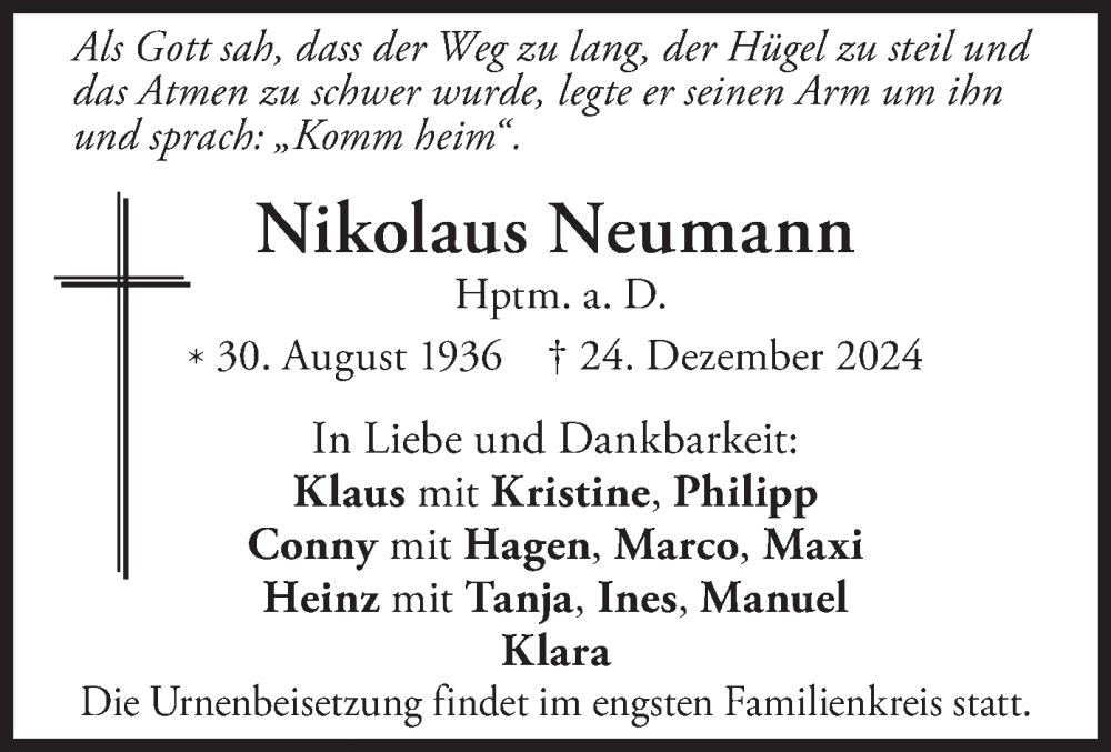  Traueranzeige für Nikolaus Neumann vom 18.01.2025 aus merkurtz