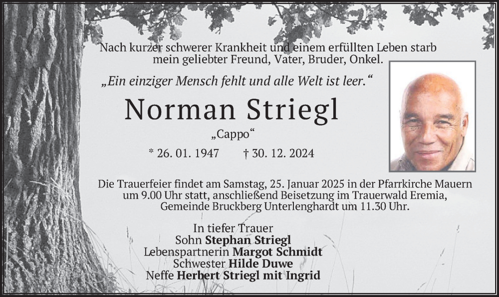  Traueranzeige für Norman Striegl vom 23.01.2025 aus merkurtz