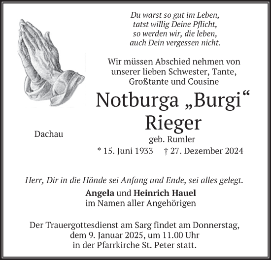 Traueranzeige von Notburga Rieger von merkurtz