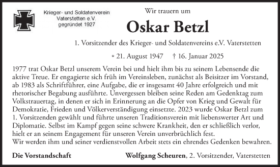 Traueranzeige von Oskar Betzl von merkurtz