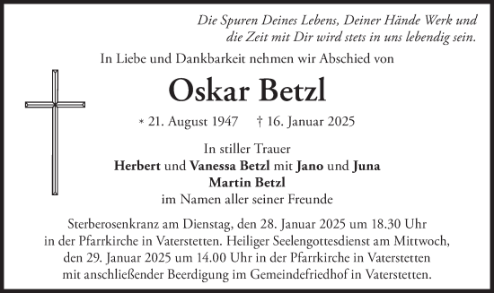 Traueranzeige von Oskar Betzl von merkurtz