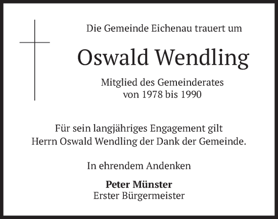 Traueranzeige von Oswald Wendling von merkurtz