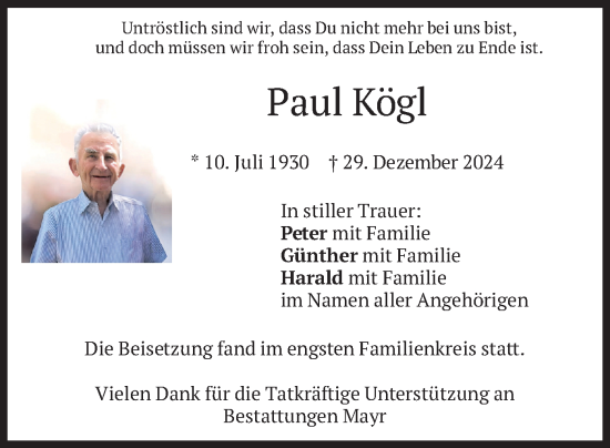 Traueranzeige von Paul Kögl von merkurtz