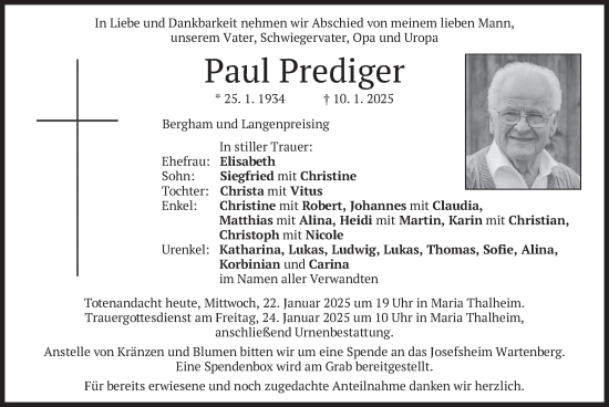 Traueranzeige von Paul Prediger von merkurtz