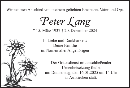 Traueranzeige von Peter Lang von merkurtz