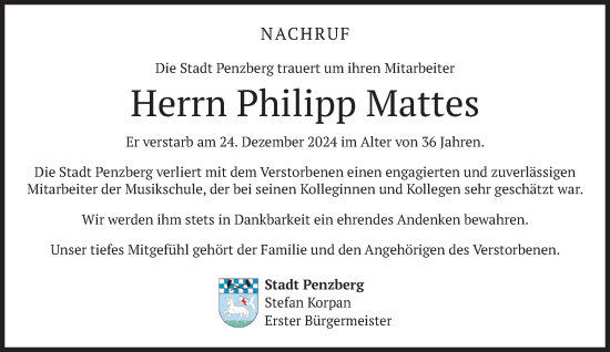 Traueranzeige von Philipp Mattes von Das Gelbe Blatt Penzberg