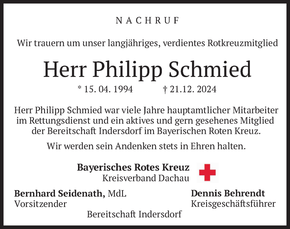  Traueranzeige für Philipp Schmied vom 10.01.2025 aus merkurtz